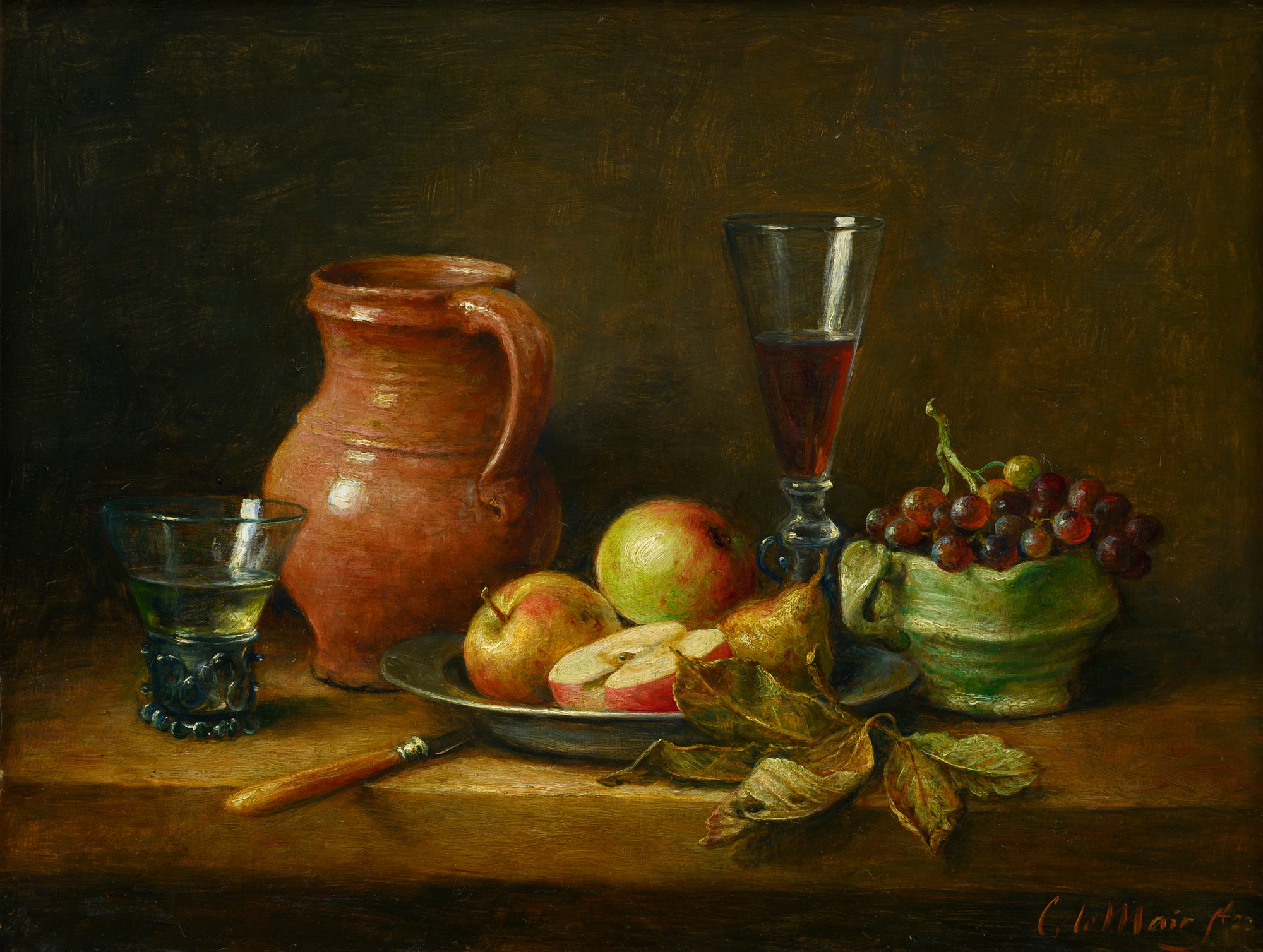 Stilleven met bruine kruik, appels en groene vuurtest met druiven