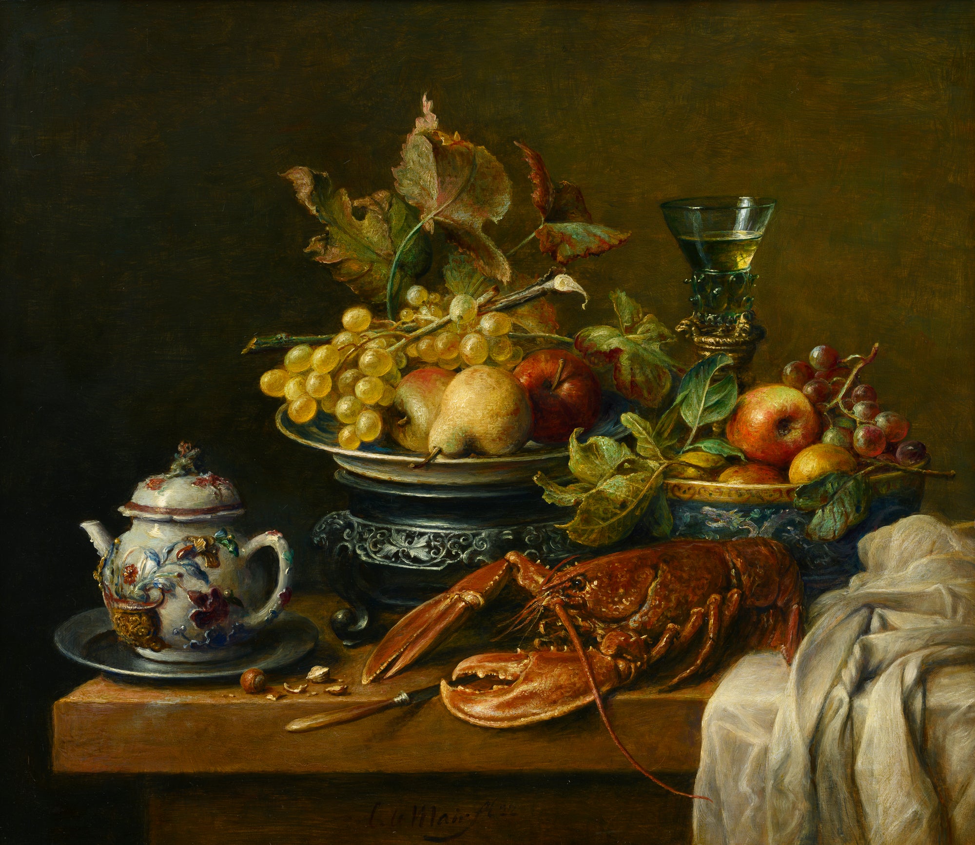 Stilleven met chinees thee potje, rode kreeft en fruit schaal op voet