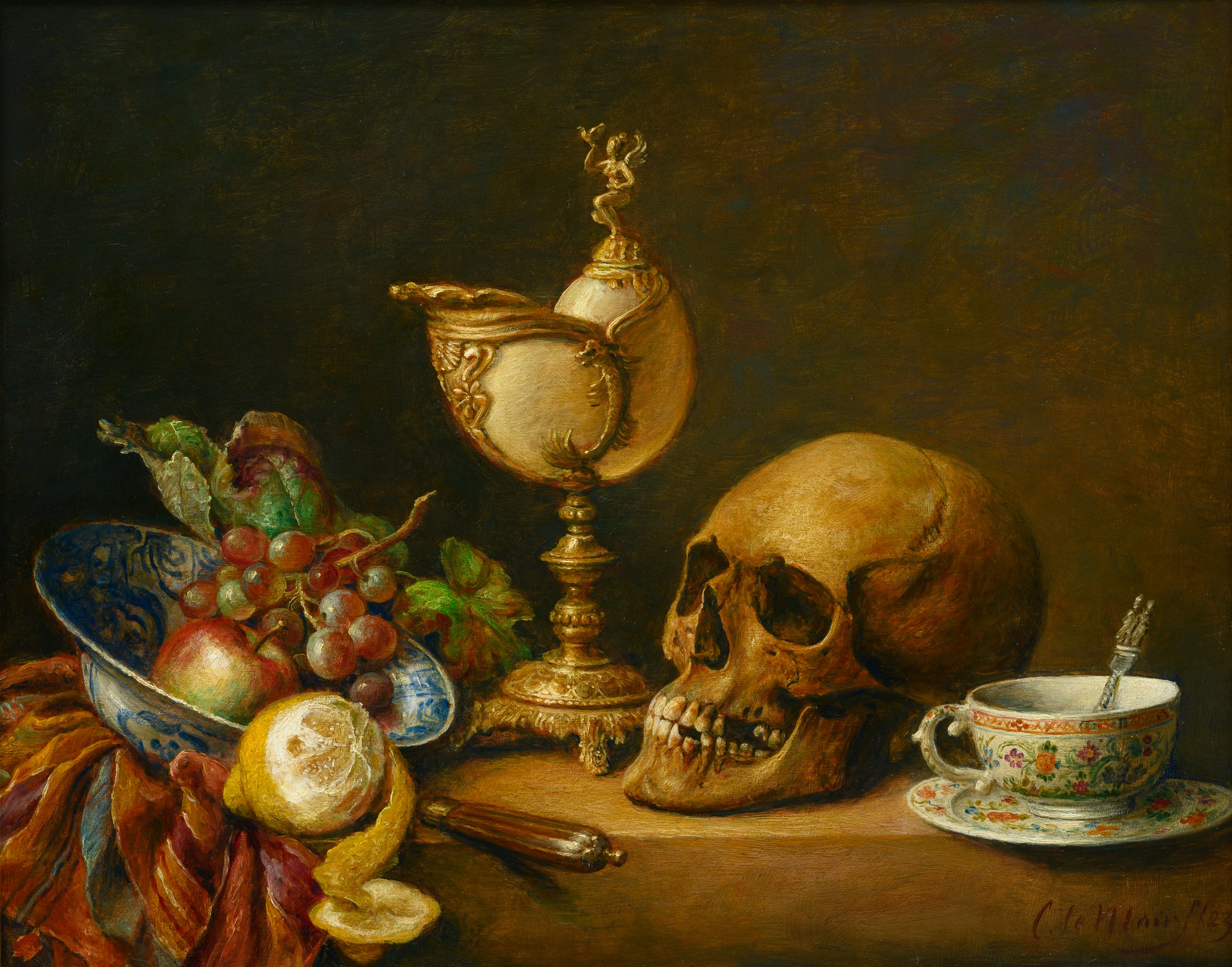 Vanitas stilleven met schedel, nautilus beker en fruit schaal